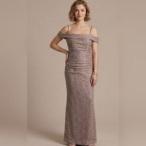 David's Bridal Mauve Lace Off-the-Shoulder Ruching Gown
